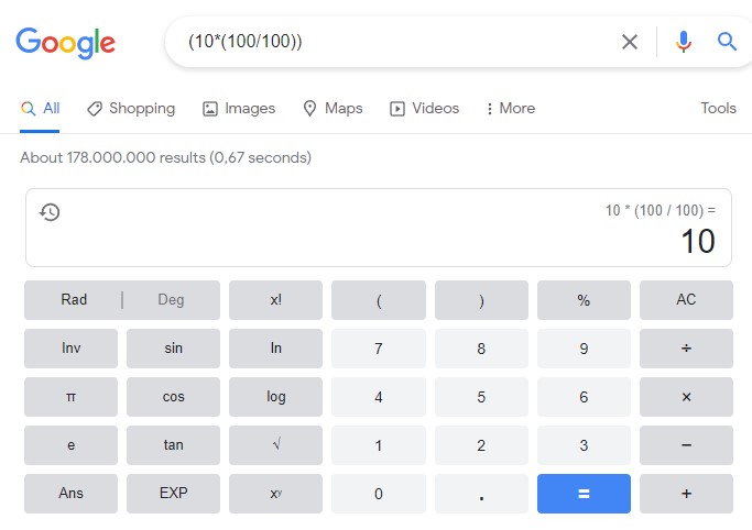 screenshot of google calculator